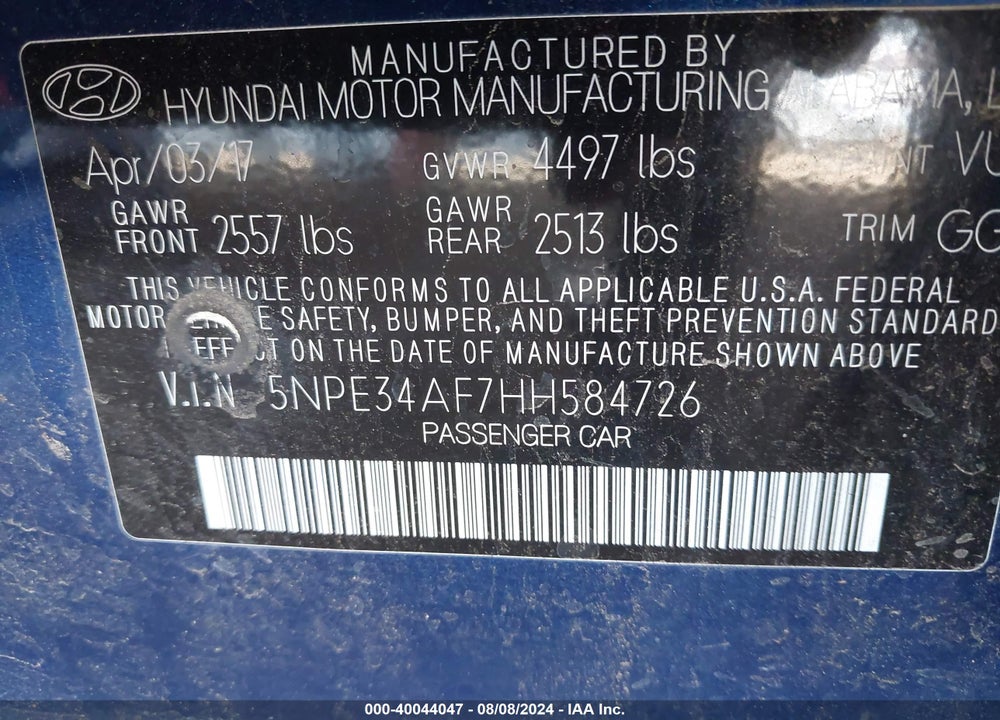 2017 HYUNDAI SONATA SPORT VIN: 5NPE34AF7HH584726