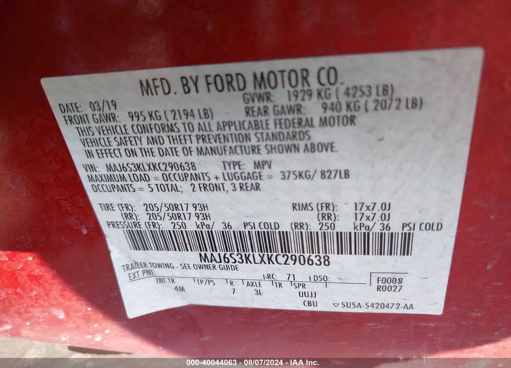 2019 FORD ECOSPORT TITANIUM VIN: MAJ6S3KLXKC290638