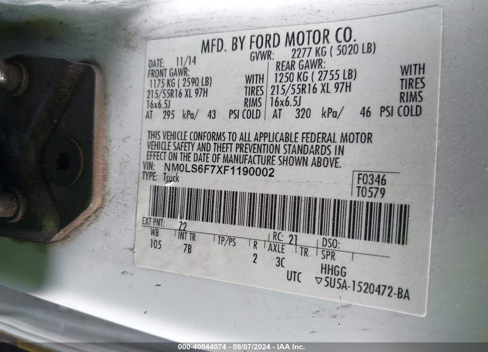 2015 FORD TRANSIT CONNECT XLT VIN: NM0LS6F7XF1190002
