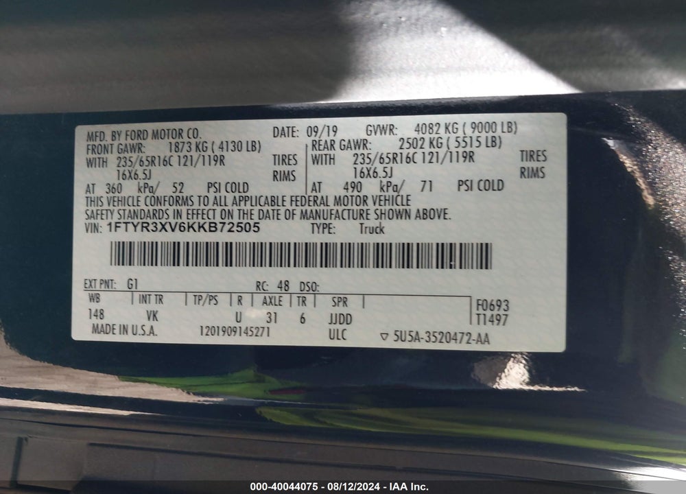 2019 FORD TRANSIT-250 VIN: 1FTYR3XV6KKB72505