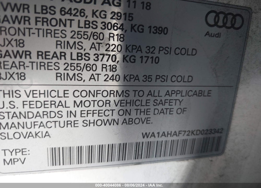 2019 AUDI Q7 PREMIUM VIN: WA1AHAF72KD023342