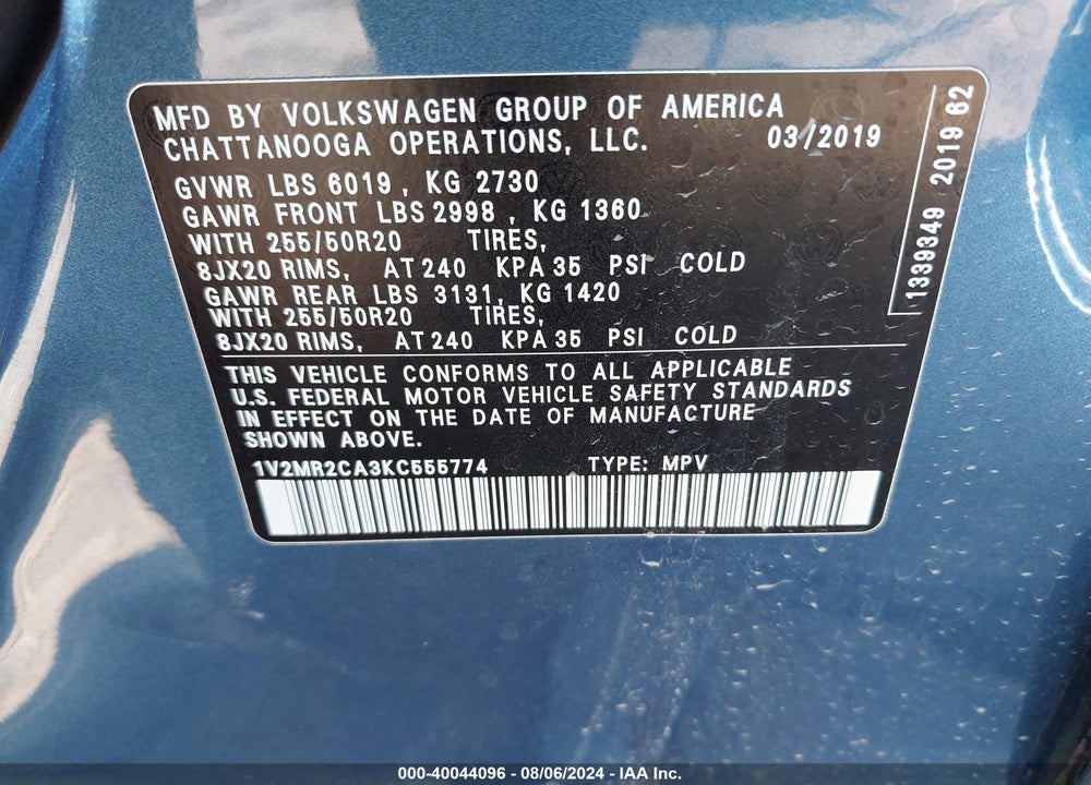 2019 VOLKSWAGEN ATLAS 3.6L V6 SEL VIN: 1V2MR2CA3KC555774