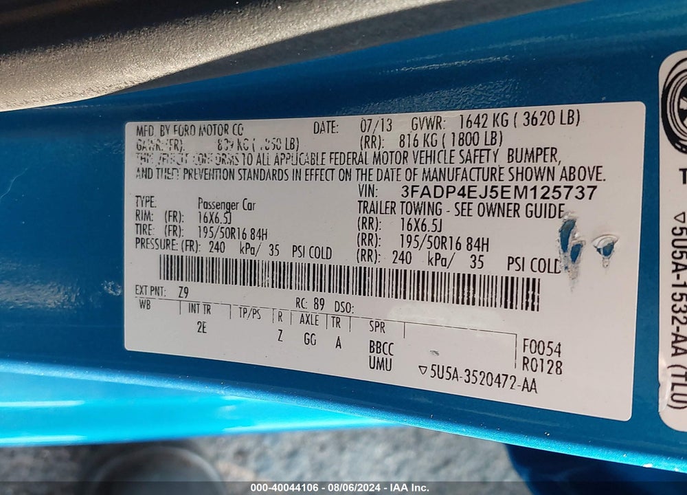 2014 FORD FIESTA SE VIN: 3FADP4EJ5EM125737