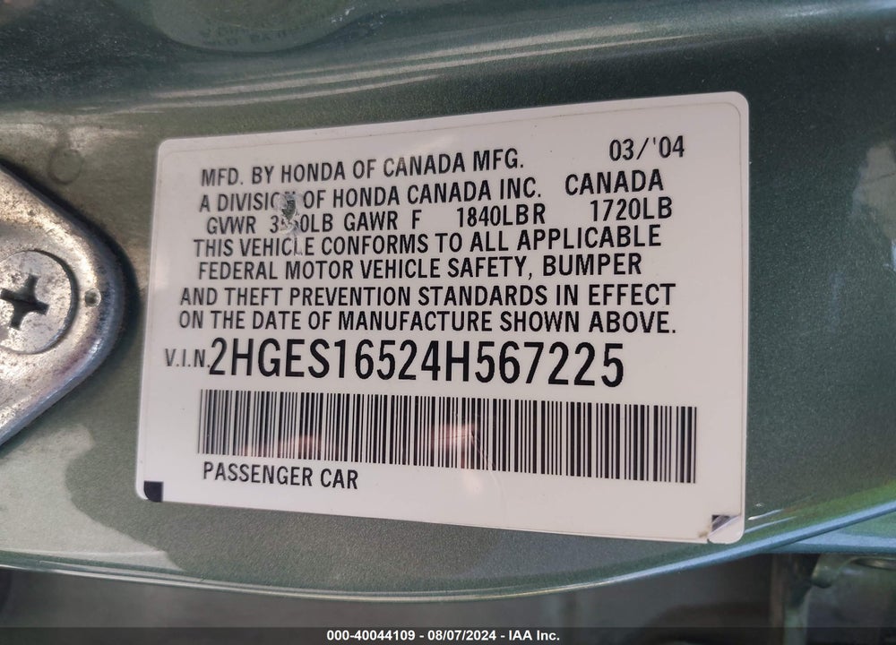2004 HONDA CIVIC LX VIN: 2HGES16524H567225