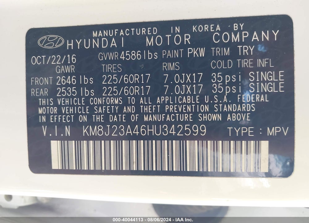 2017 HYUNDAI TUCSON SE/SE PLUS VIN: KM8J23A46HU342599
