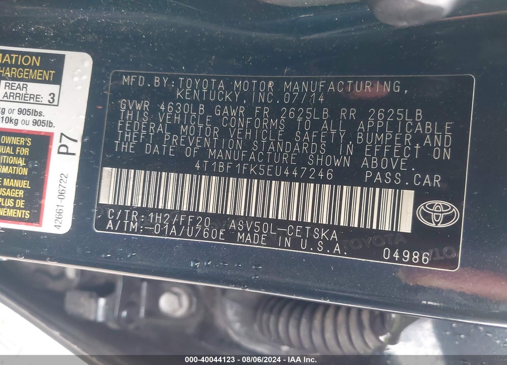 2014 TOYOTA CAMRY SE VIN: 4T1BF1FK5EU447246