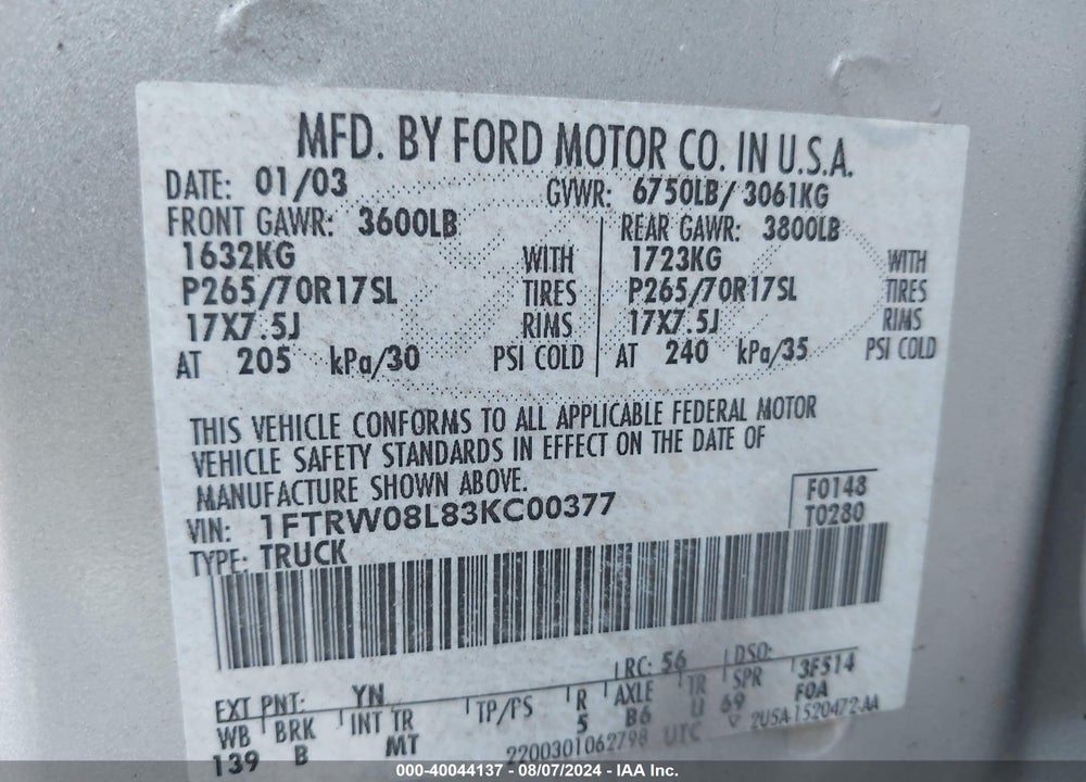 2003 FORD F-150 LARIAT/XLT VIN: 1FTRW08L83KC00377