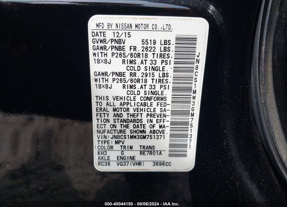 2016 INFINITI QX70 VIN: JN8CS1MW3GM751371
