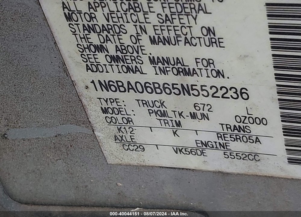 2005 NISSAN TITAN SE VIN: 1N6BA06B65N552236