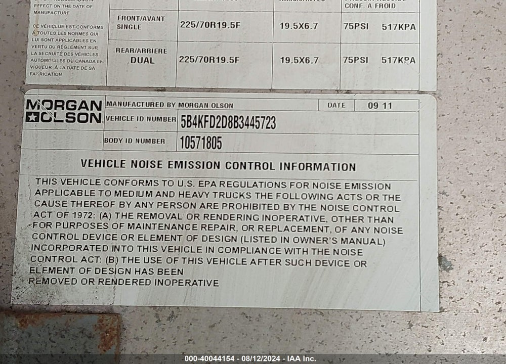 2011 WORKHORSE CUSTOM CHASSIS COMMERCIAL CHASSIS W42 VIN: 5B4KFD2D8B3445723