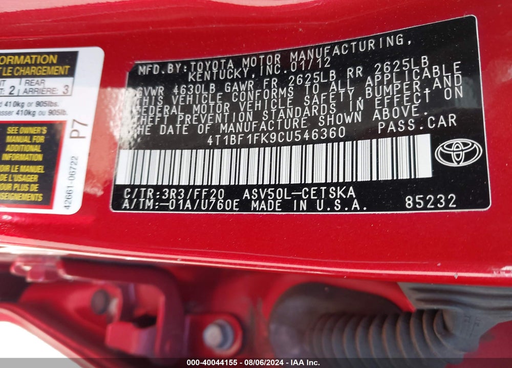 2012 TOYOTA CAMRY SE VIN: 4T1BF1FK9CU546360
