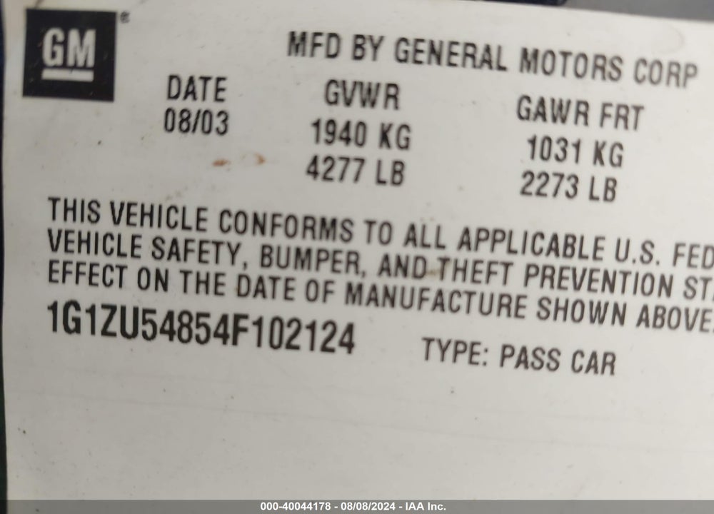 2004 CHEVROLET MALIBU LT VIN: 1G1ZU54854F102124