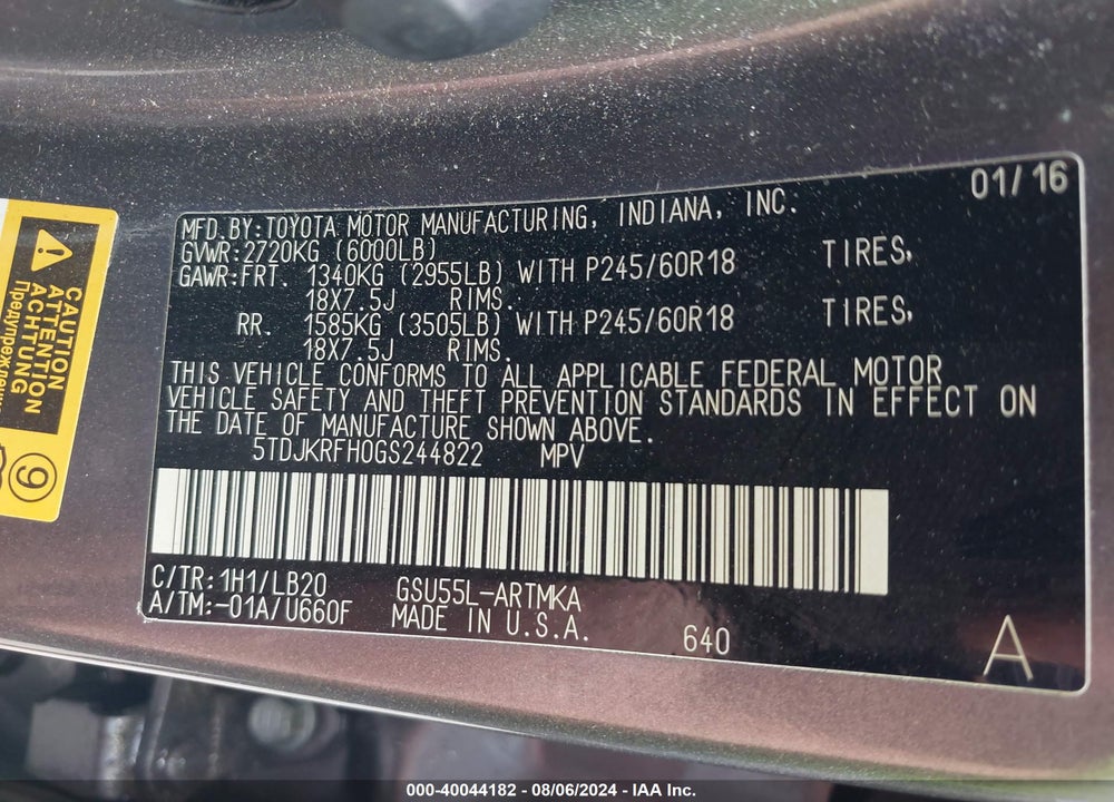 2016 TOYOTA HIGHLANDER XLE V6 VIN: 5TDJKRFH0GS244822