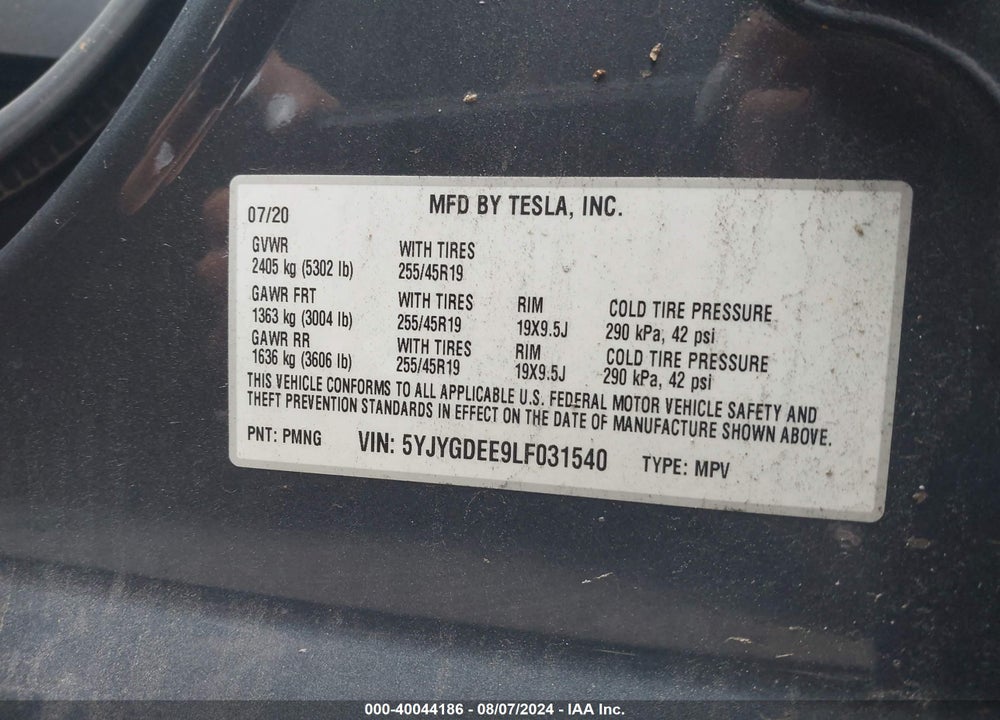 2020 TESLA MODEL Y LONG RANGE DUAL MOTOR ALL-WHEEL DRIVE VIN: 5YJYGDEE9LF031540