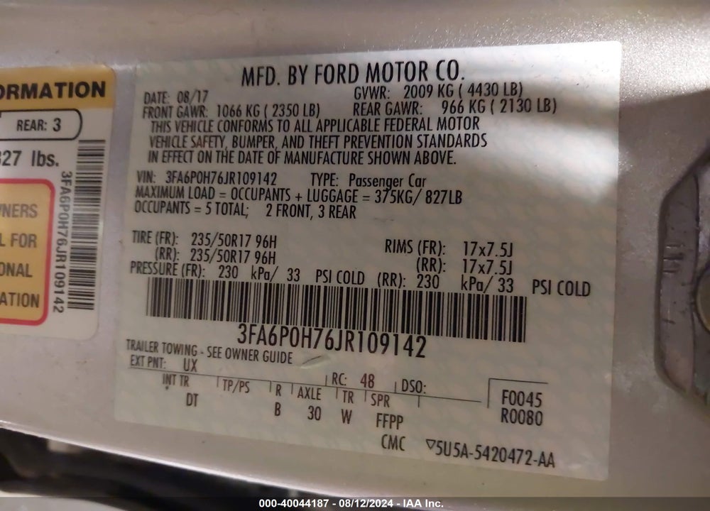2018 FORD FUSION SE VIN: 3FA6P0H76JR109142