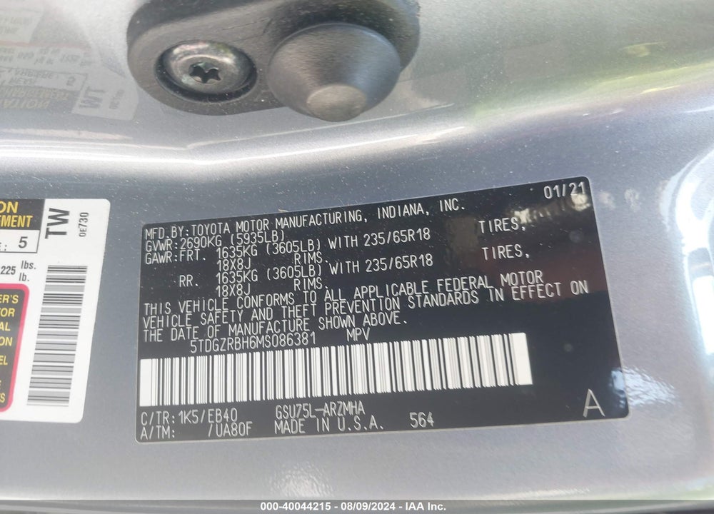 2021 TOYOTA HIGHLANDER XLE VIN: 5TDGZRBH6MS086381