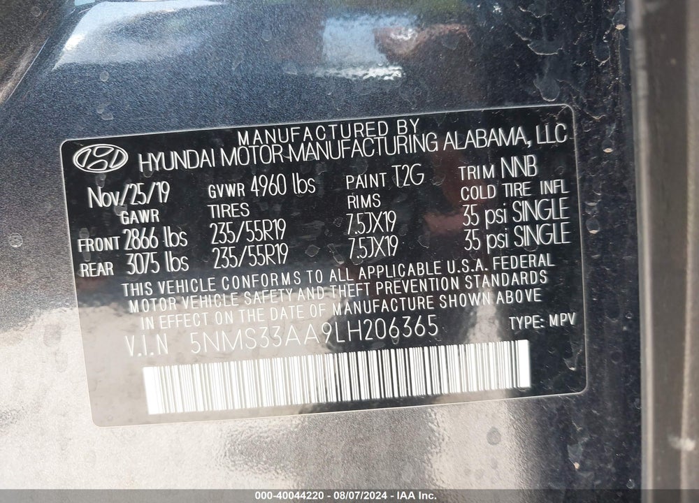 2020 HYUNDAI SANTA FE SEL 2.0T VIN: 5NMS33AA9LH206365