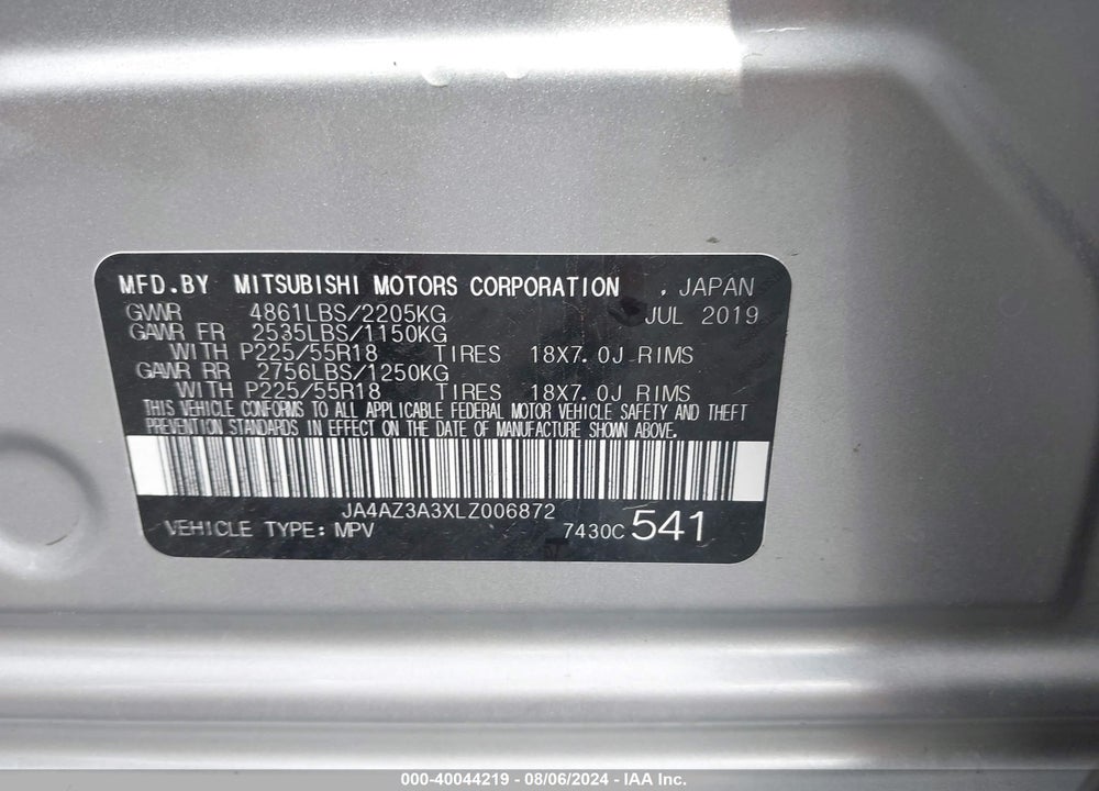 2020 MITSUBISHI OUTLANDER ES 2.4 S-AWC VIN: JA4AZ3A3XLZ006872