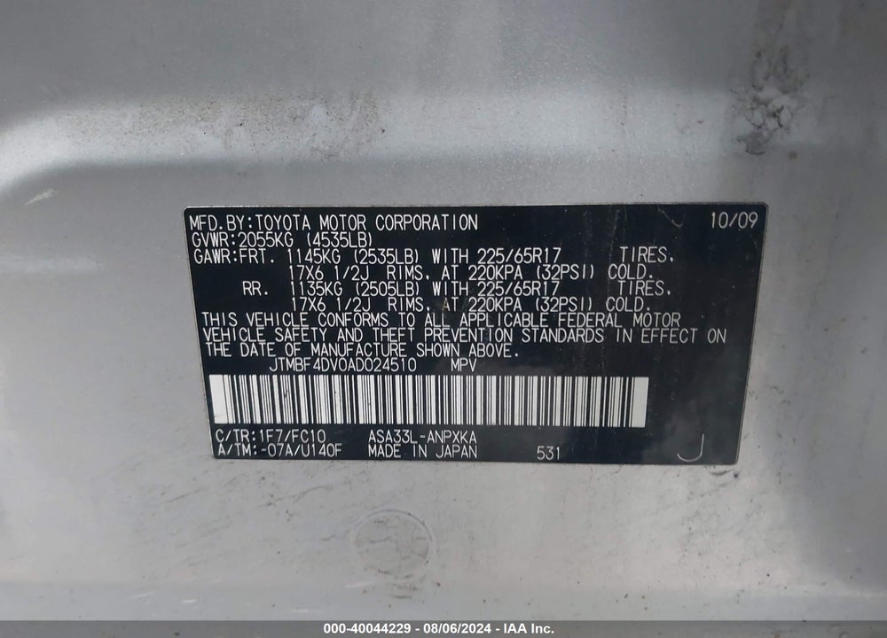 2010 TOYOTA RAV4 VIN: JTMBF4DV0AD024510