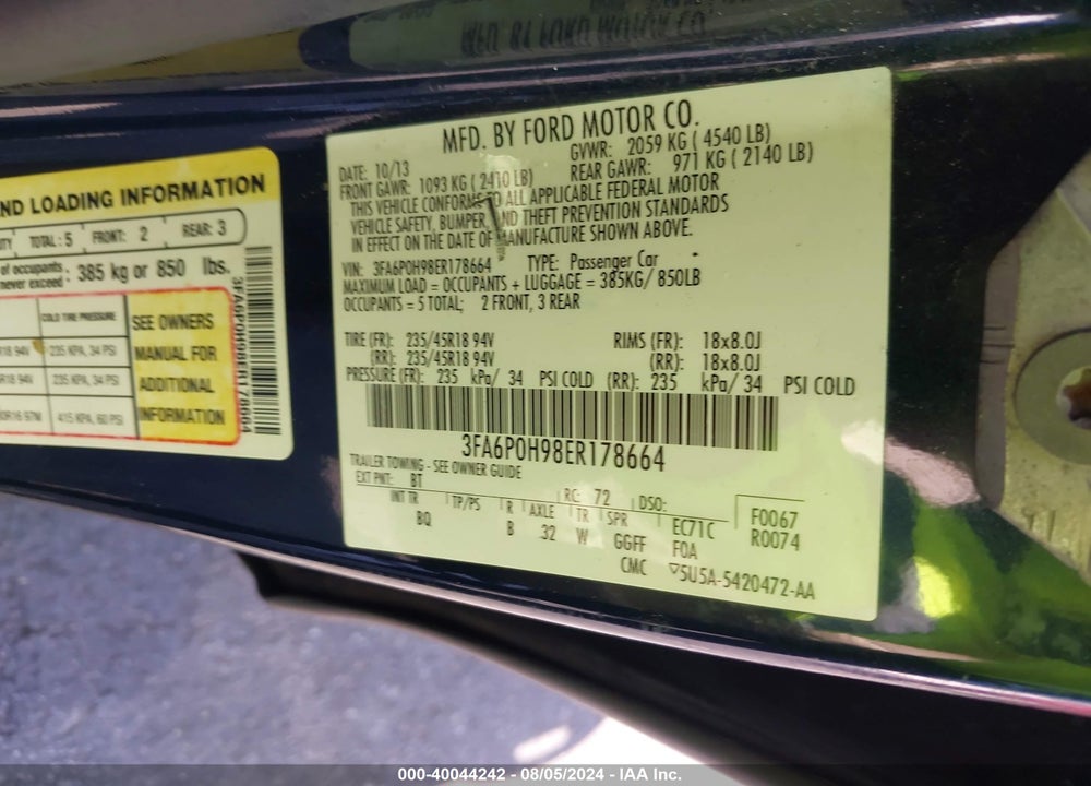 2014 FORD FUSION SE VIN: 3FA6P0H98ER178664