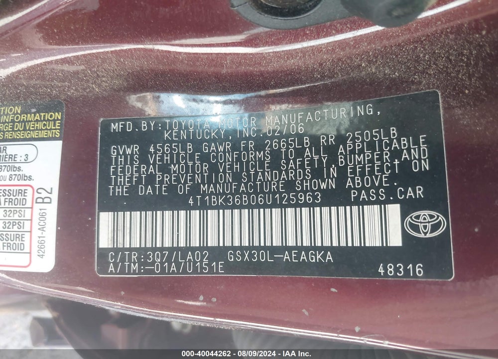 2006 TOYOTA AVALON XLS VIN: 4T1BK36B06U125963