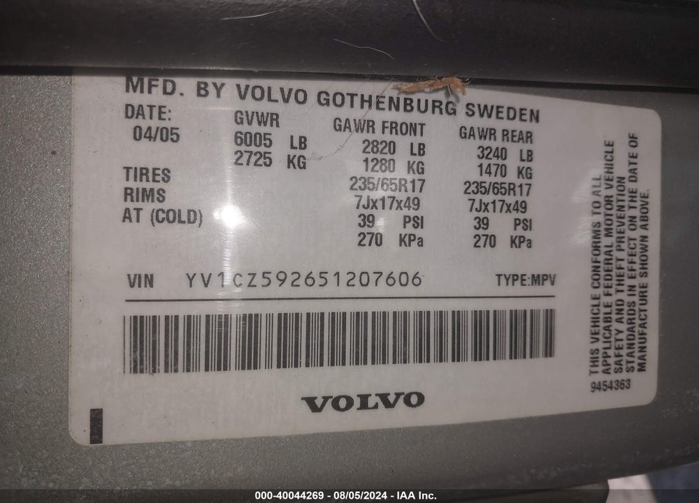 2005 VOLVO XC90 2.5T AWD VIN: YV1CZ592651207606