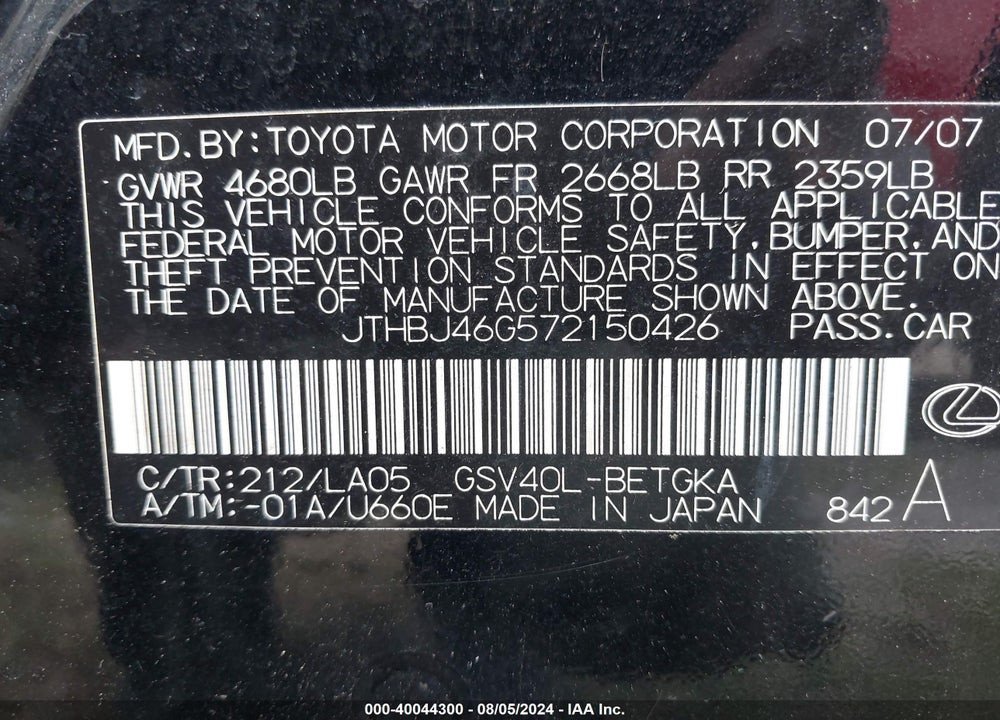 2007 LEXUS ES 350 VIN: JTHBJ46G572150426