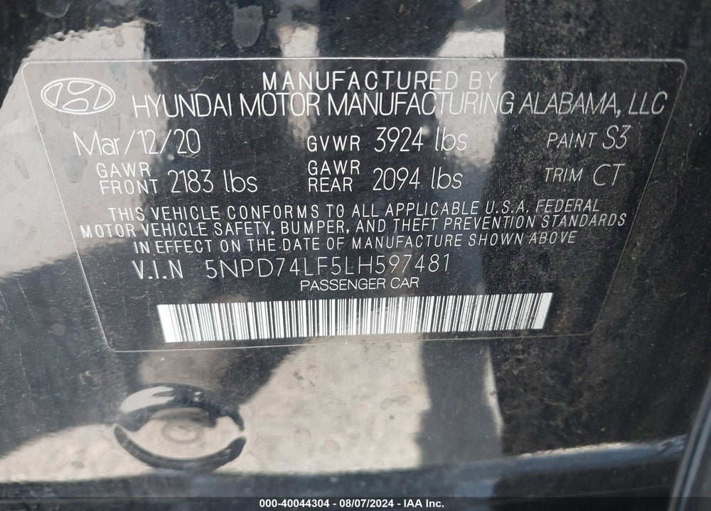 2020 HYUNDAI ELANTRA SE VIN: 5NPD74LF5LH597481