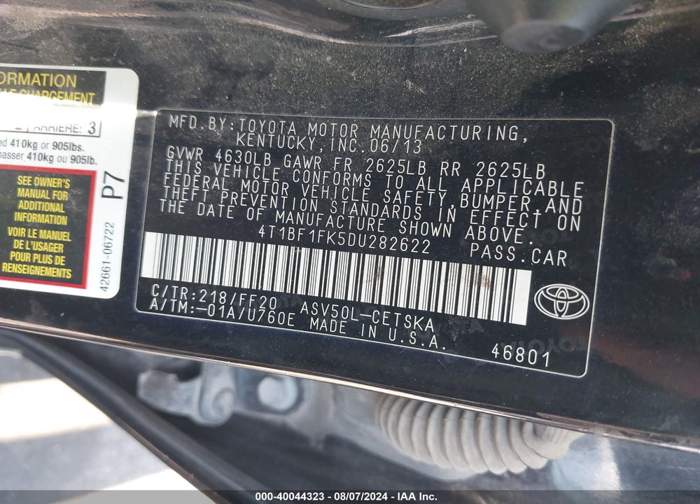 2013 TOYOTA CAMRY SE VIN: 4T1BF1FK5DU282622