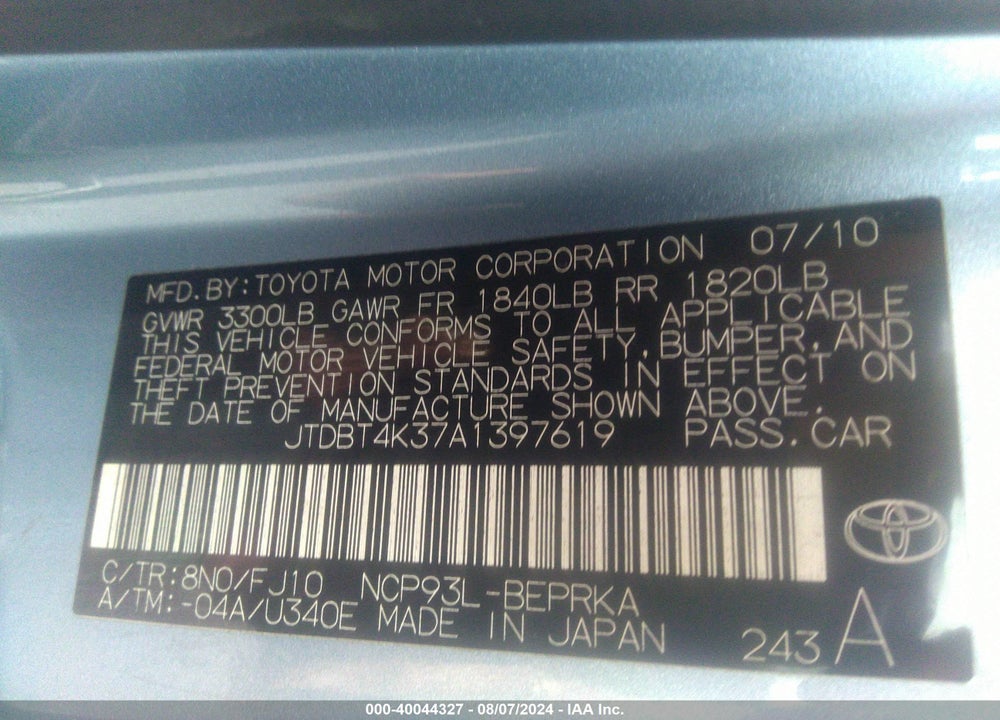 2010 TOYOTA YARIS VIN: JTDBT4K37A1397619