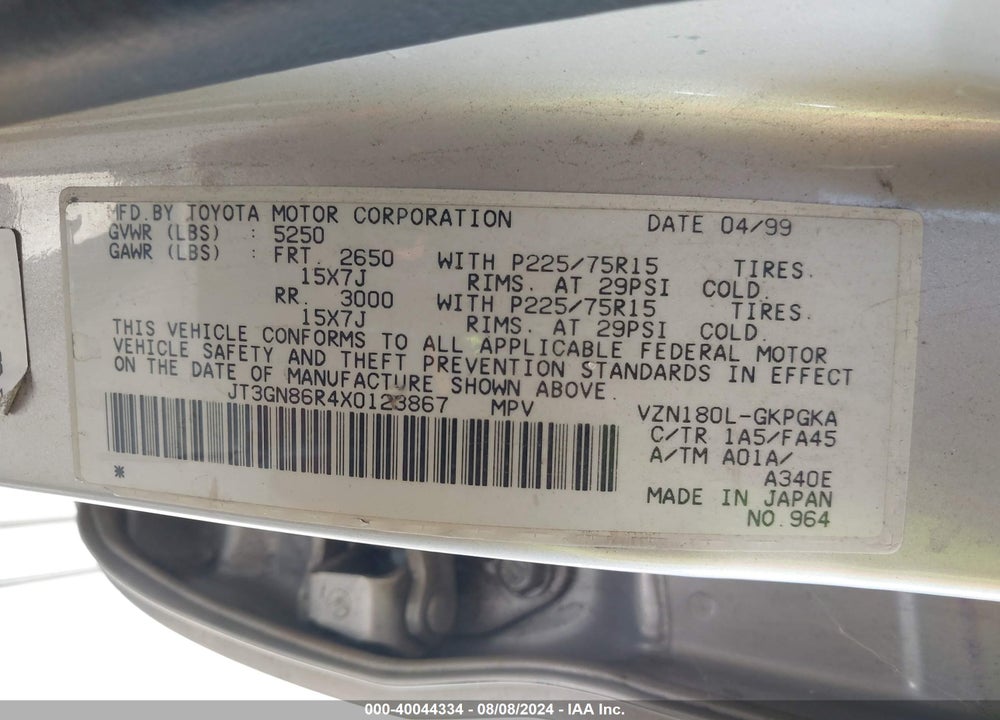 1999 TOYOTA 4RUNNER SR5 V6 VIN: JT3GN86R4X0123867