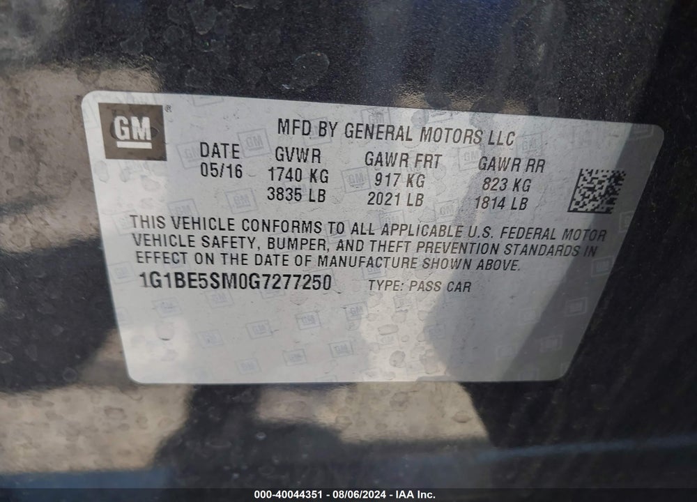 2016 CHEVROLET CRUZE LT AUTO VIN: 1G1BE5SM0G7277250