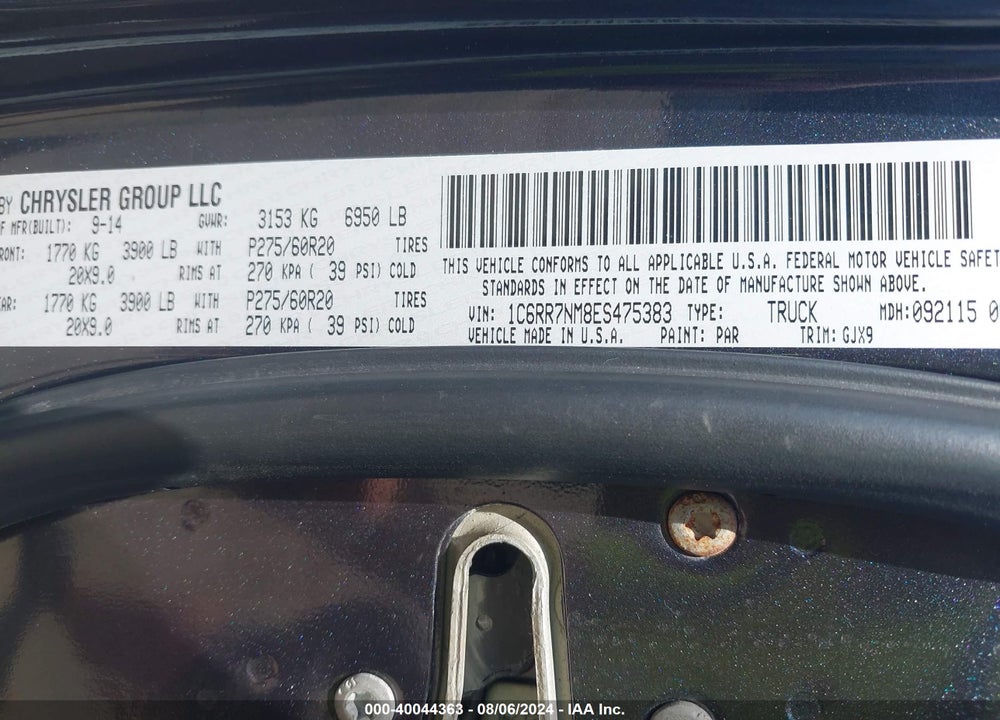 2014 RAM 1500 LAIE VIN: 1C6RR7NM8ES475383