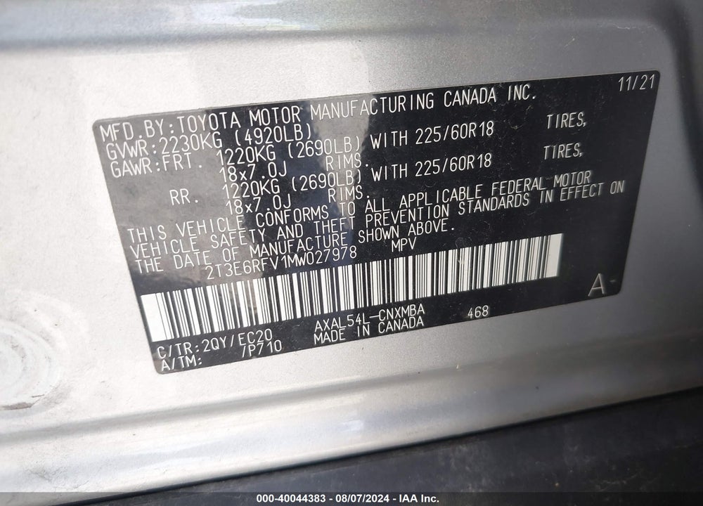 2021 TOYOTA RAV4 HYBRID XSE VIN: 2T3E6RFV1MW027978