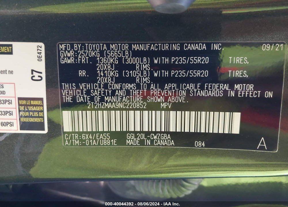2022 LEXUS RX 350 VIN: 2T2HZMAA9NC220852