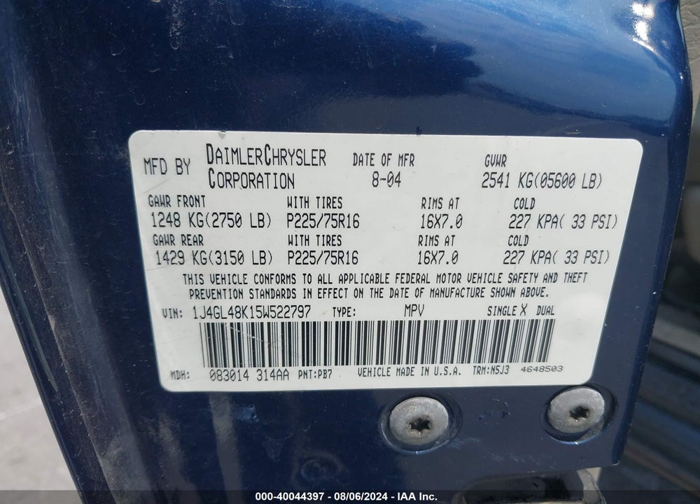 2005 JEEP LIBERTY SPORT VIN: 1J4GL48K15W522797