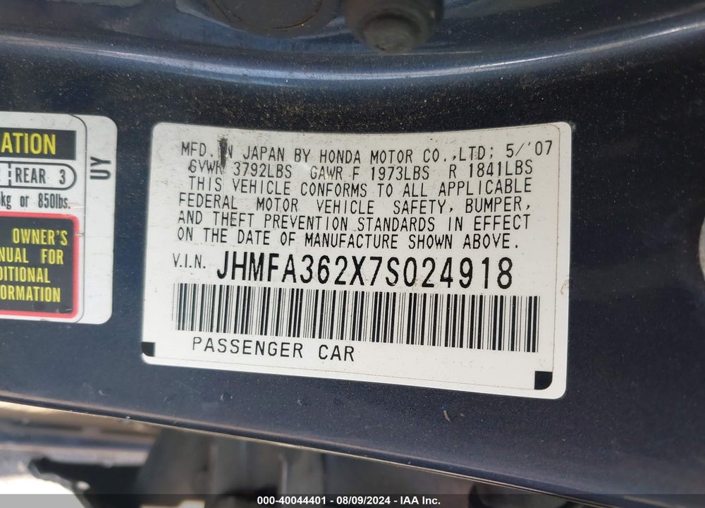 2007 HONDA CIVIC HYBRID VIN: JHMFA362X7S024918