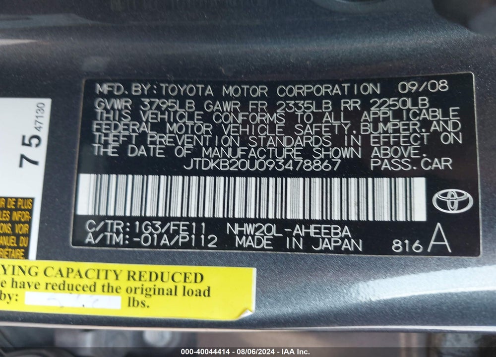 2009 TOYOTA PRIUS VIN: JTDKB20U093478867