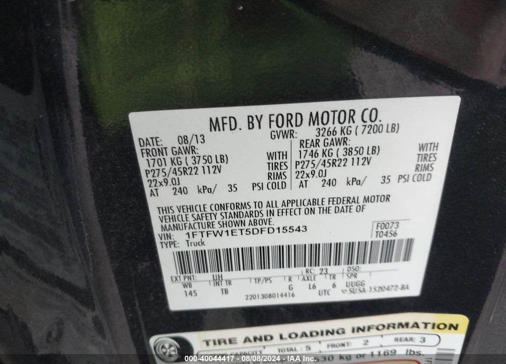 2013 FORD F-150 LIMITED VIN: 1FTFW1ET5DFD15543