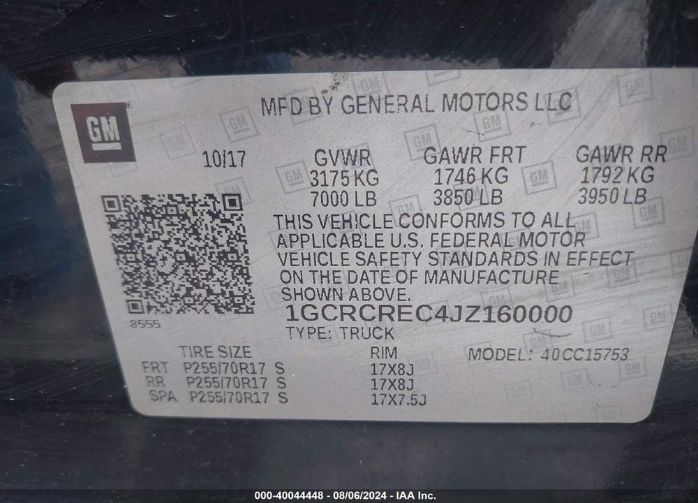 2018 CHEVROLET SILVERADO 1500 LT VIN: 1GCRCREC4JZ160000