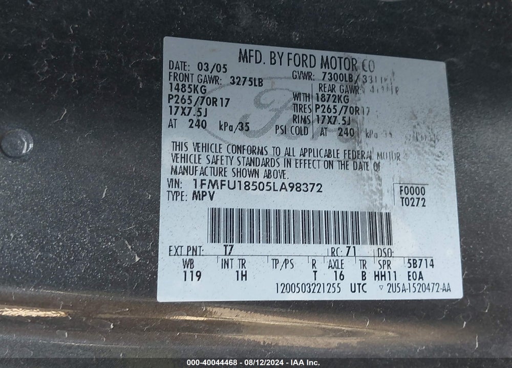 2005 FORD EXPEDITION EDDIE BAUER/KING RANCH VIN: 1FMFU18505LA98372