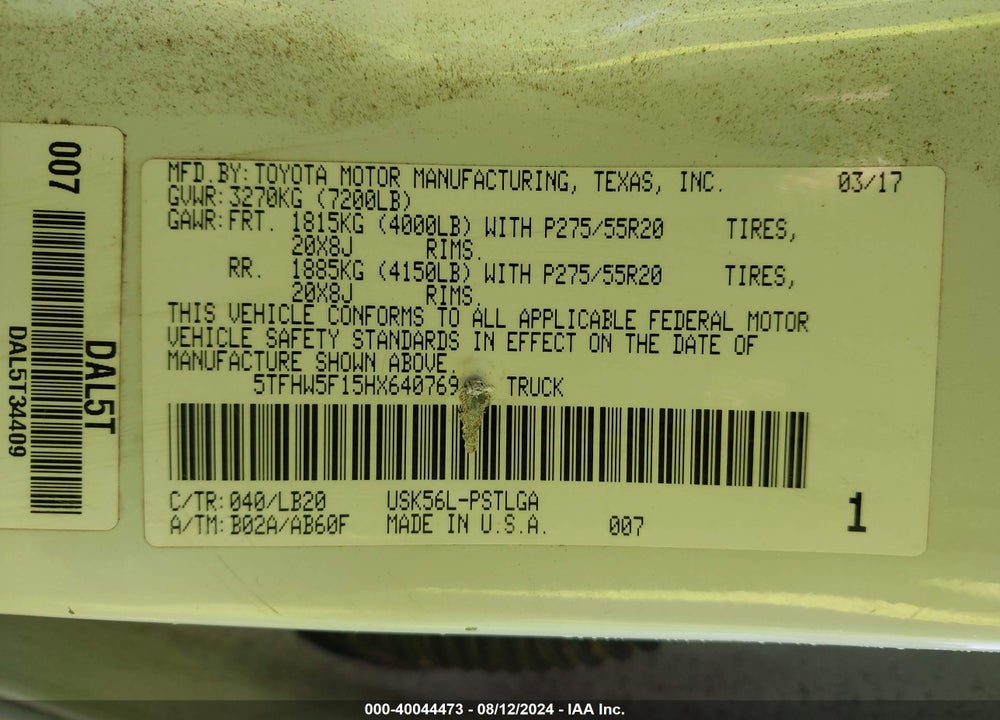 2017 TOYOTA TUNDRA LIMITED 5.7L V8 VIN: 5TFHW5F15HX640769