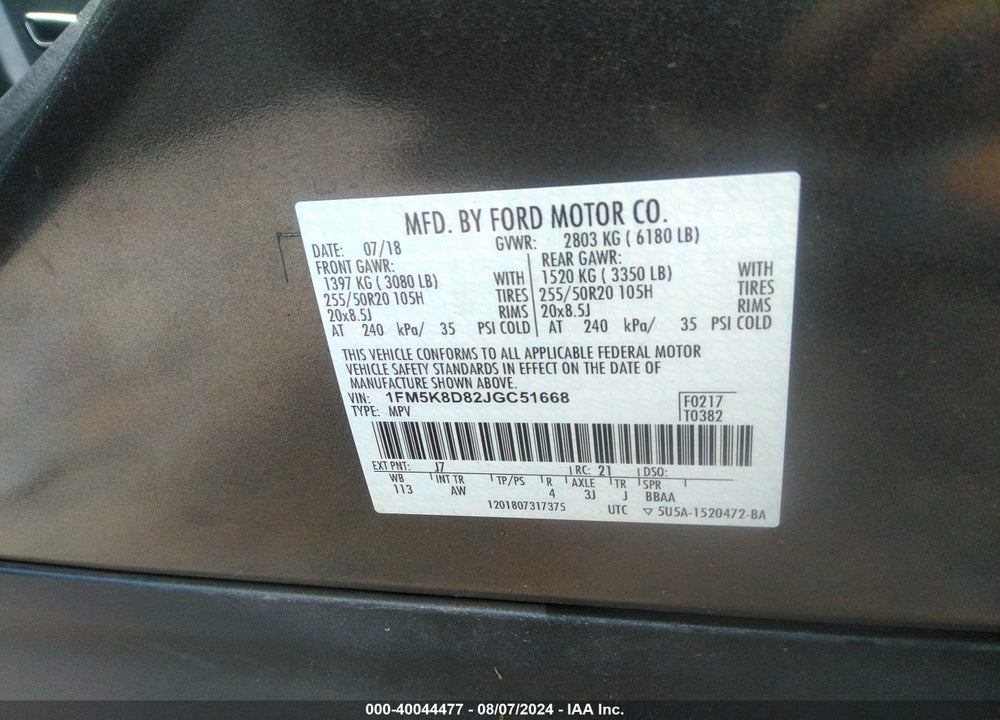 2018 FORD EXPLORER VIN: 1FM5K8D82JGC51668