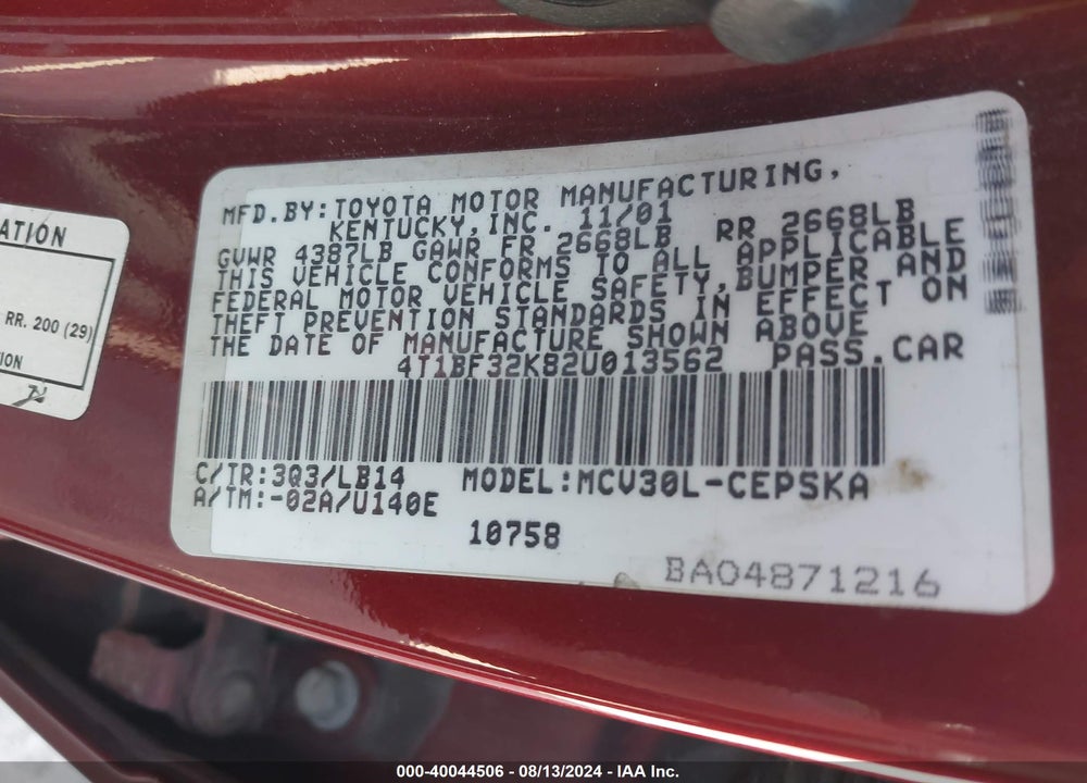 2002 TOYOTA CAMRY SE V6 VIN: 4T1BF32K82U013562