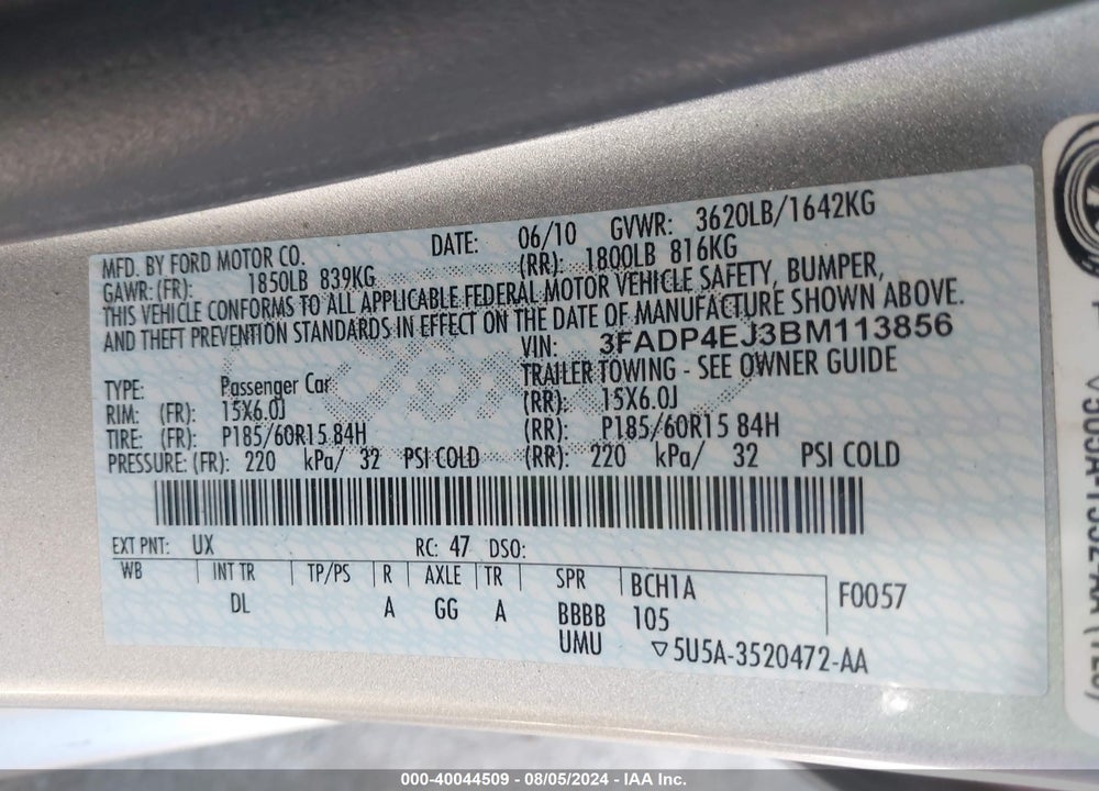 2011 FORD FIESTA SE VIN: 3FADP4EJ3BM113856