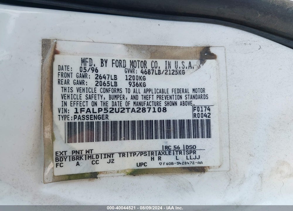 1996 FORD TAURUS GL VIN: 1FALP52U2TA287108