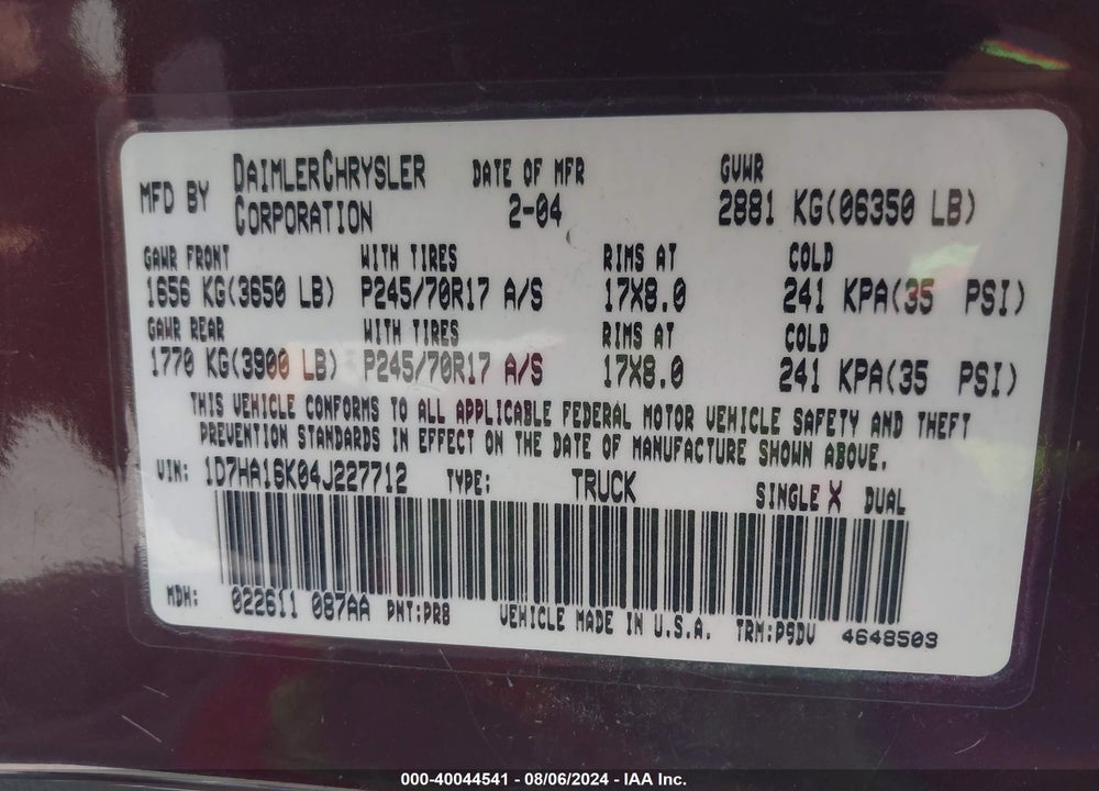 2004 DODGE RAM 1500 ST VIN: 1D7HA16K04J227712