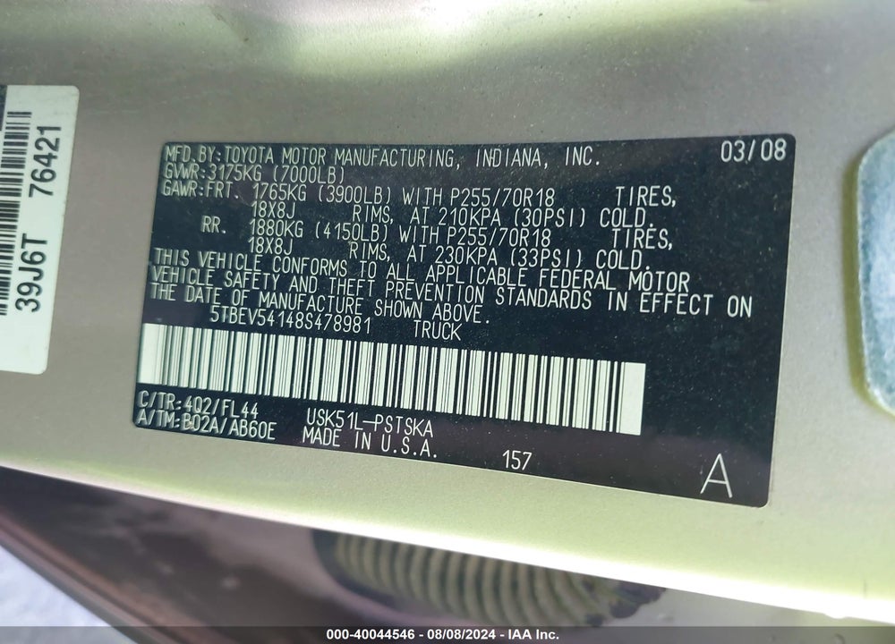2008 TOYOTA TUNDRA BASE 5.7L V8 VIN: 5TBEV54148S478981
