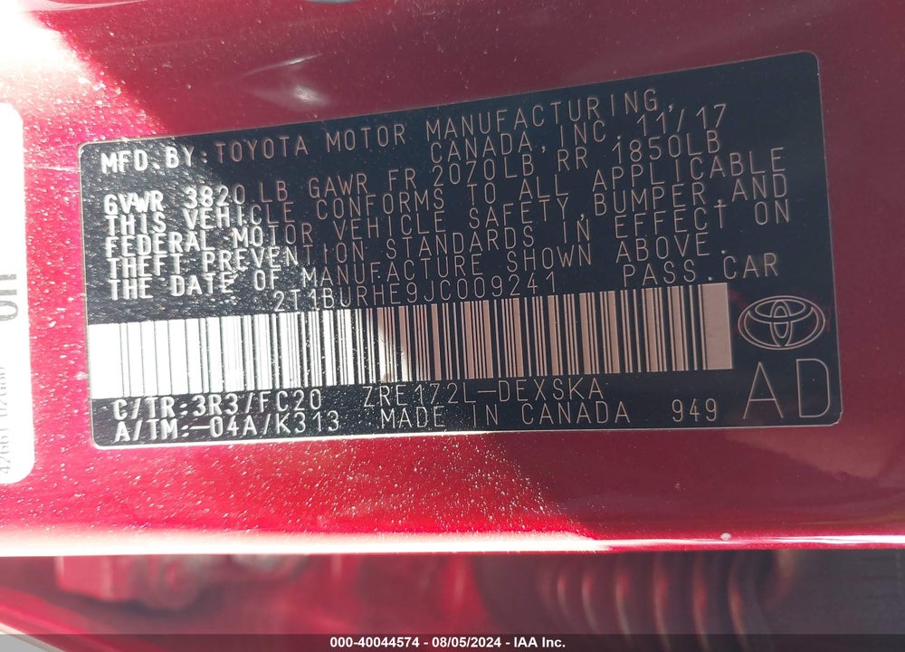 2018 TOYOTA COROLLA SE VIN: 2T1BURHE9JC009241