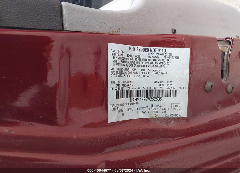 2006 FORD FOCUS SE/ZX4 VIN: 1FAFP34N26W252535